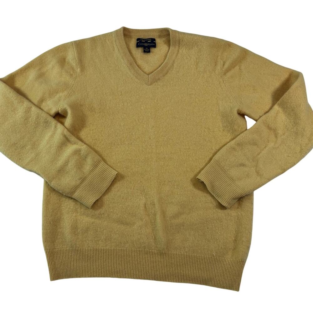 Club Room 100% Cashmere Sweater Men's Med Yellow V-Neck Long Sleeve Pullover